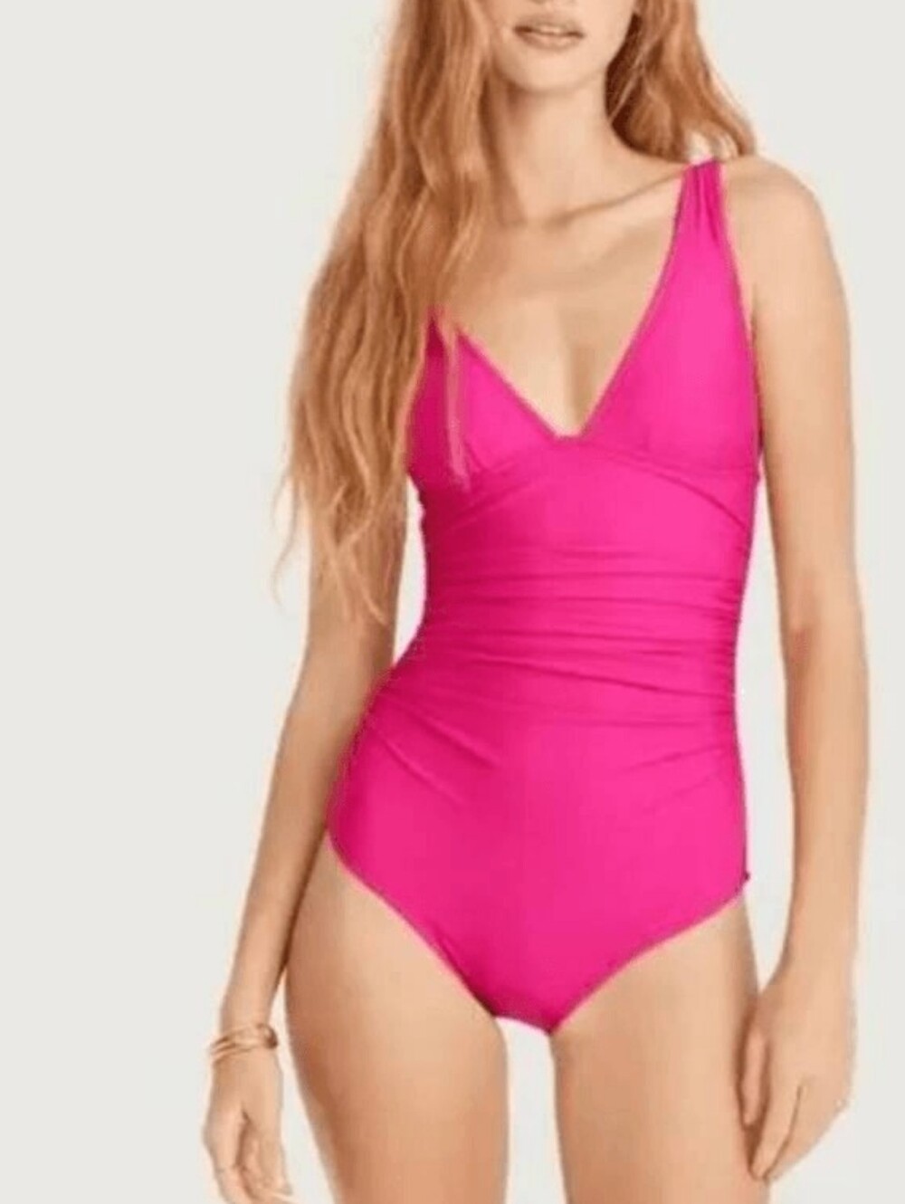 J. Crew Ruched V Neck One Piece Swimsuit Fuchsia Pink Size Med
